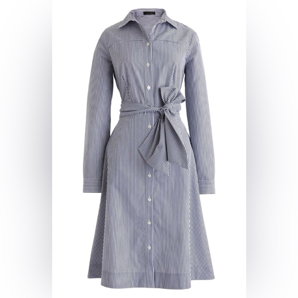 J. Crew Blue and White Striped Tie-Waist Long Sleeve Shirt Dress